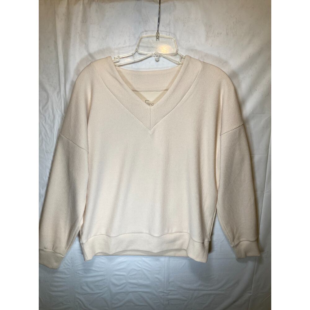 Felina Women's Ribbed Long Sleeve V-Neck Sweater Ivory Small